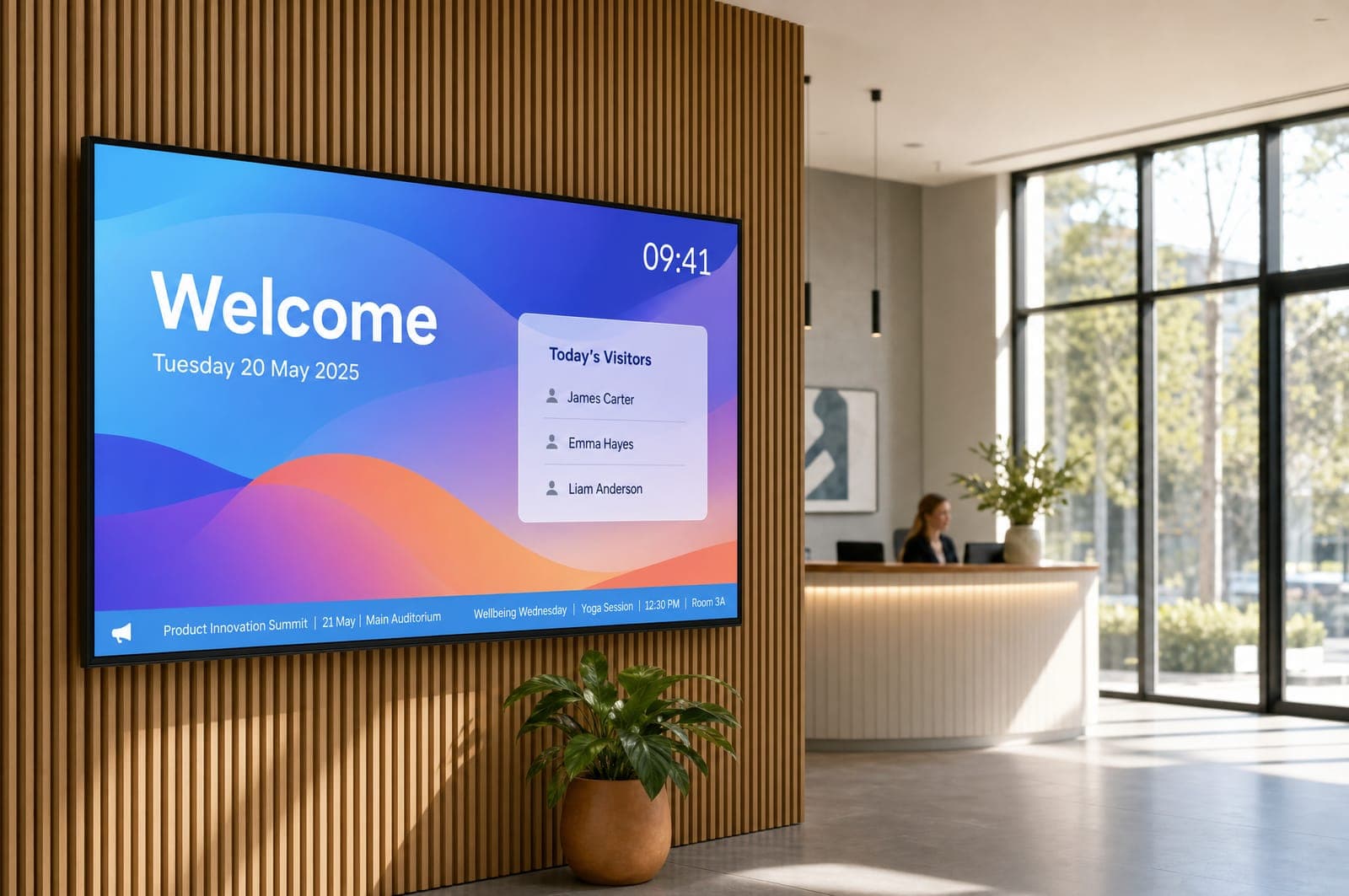 An office lobby welcome board