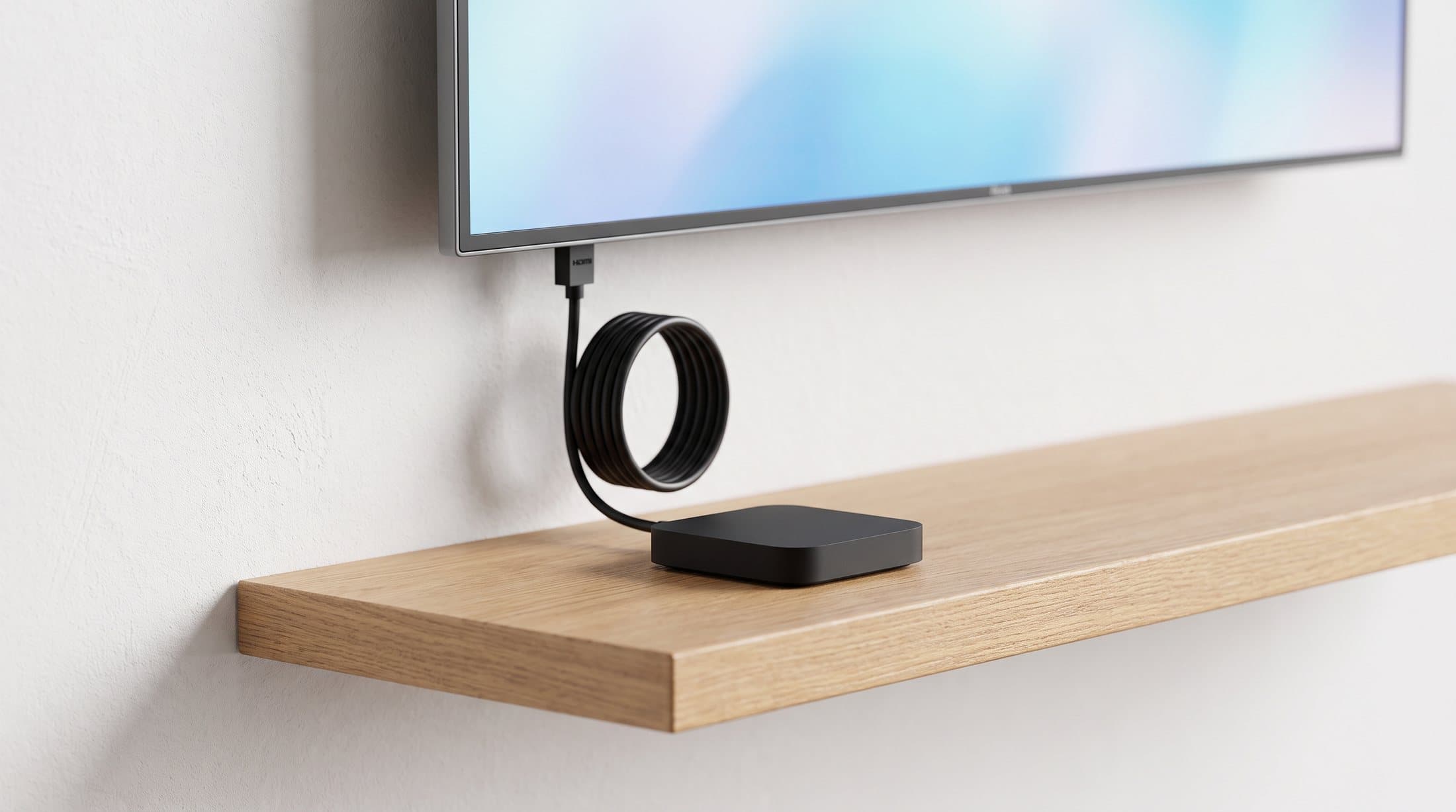 A small black streaming box on a shelf beneath a wall-mounted TV