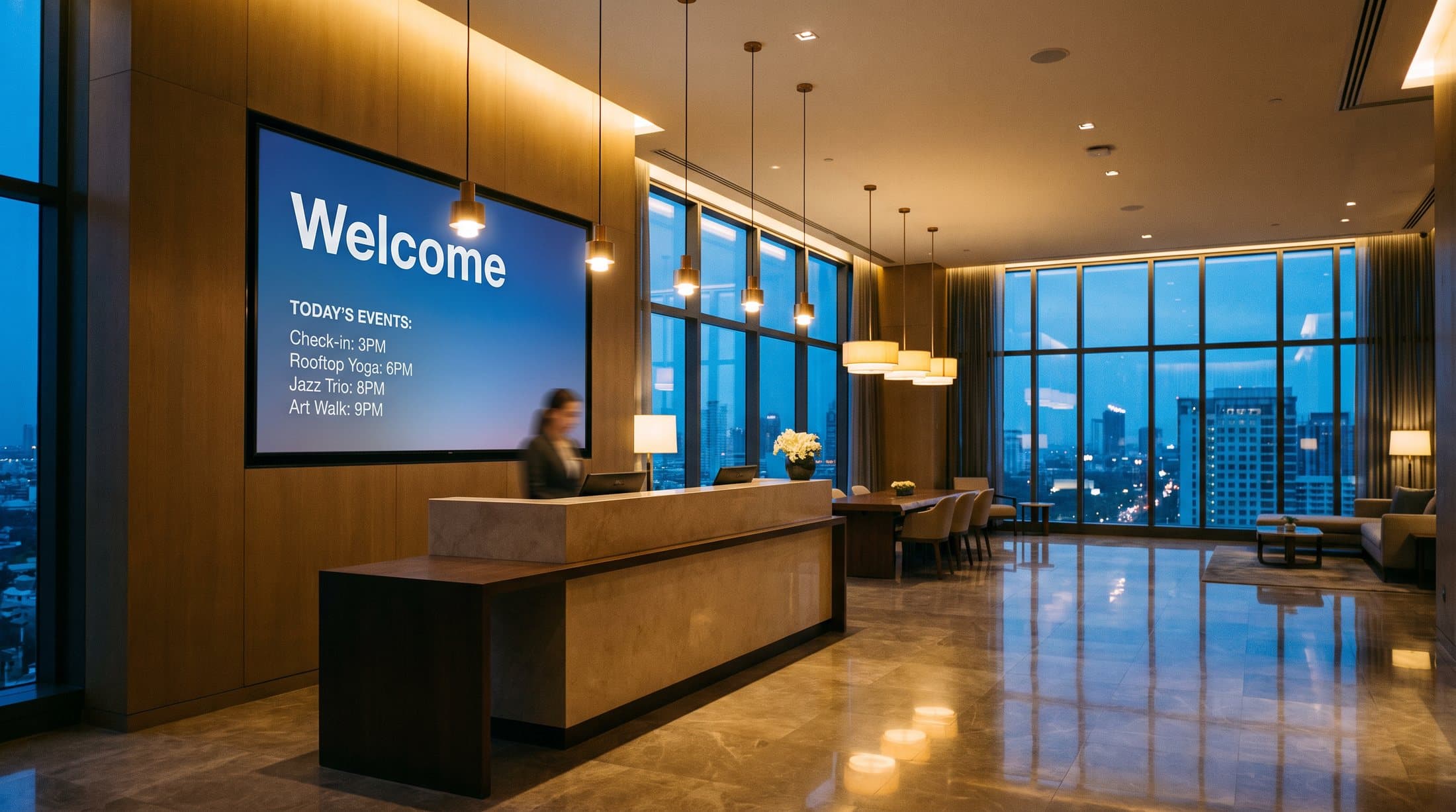 A hotel lobby with a welcome board