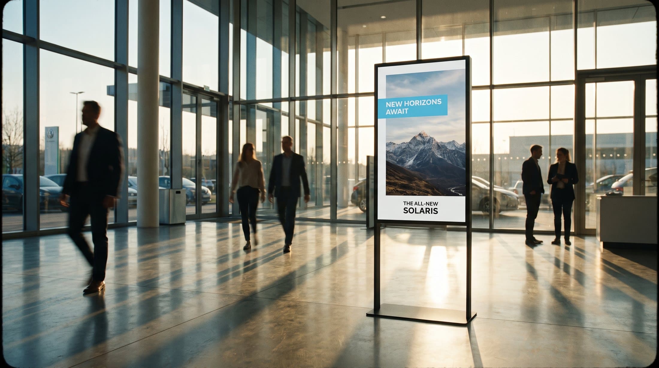 A portrait signage screen in a bright showroom