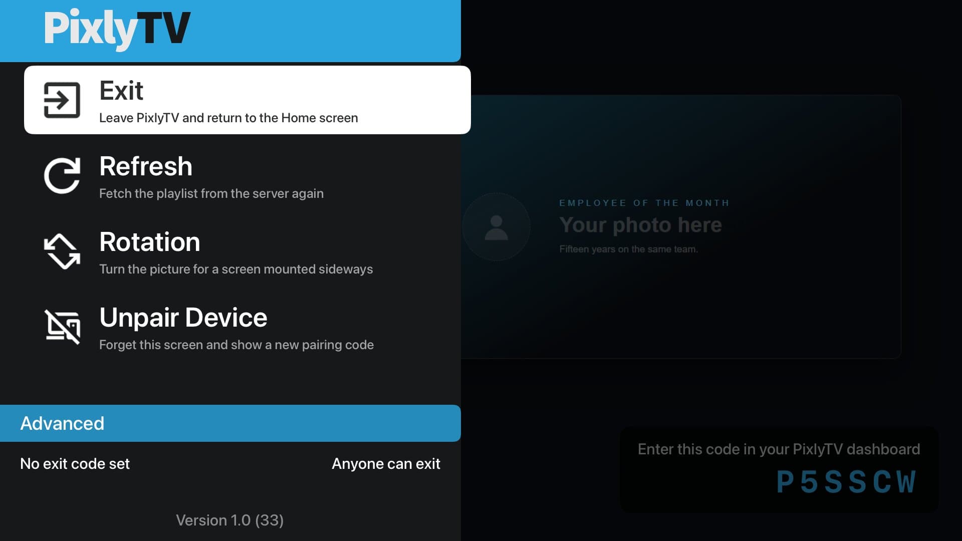 The PixlyTV device menu on an Apple TV